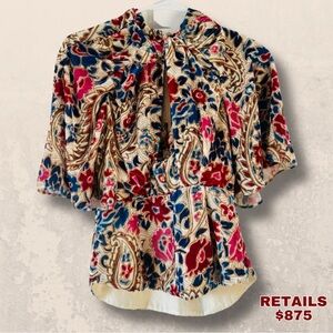 ❗️ ISABEL MARANT Mucio knotted printed velvet  peplum top Size 34 US Size 2